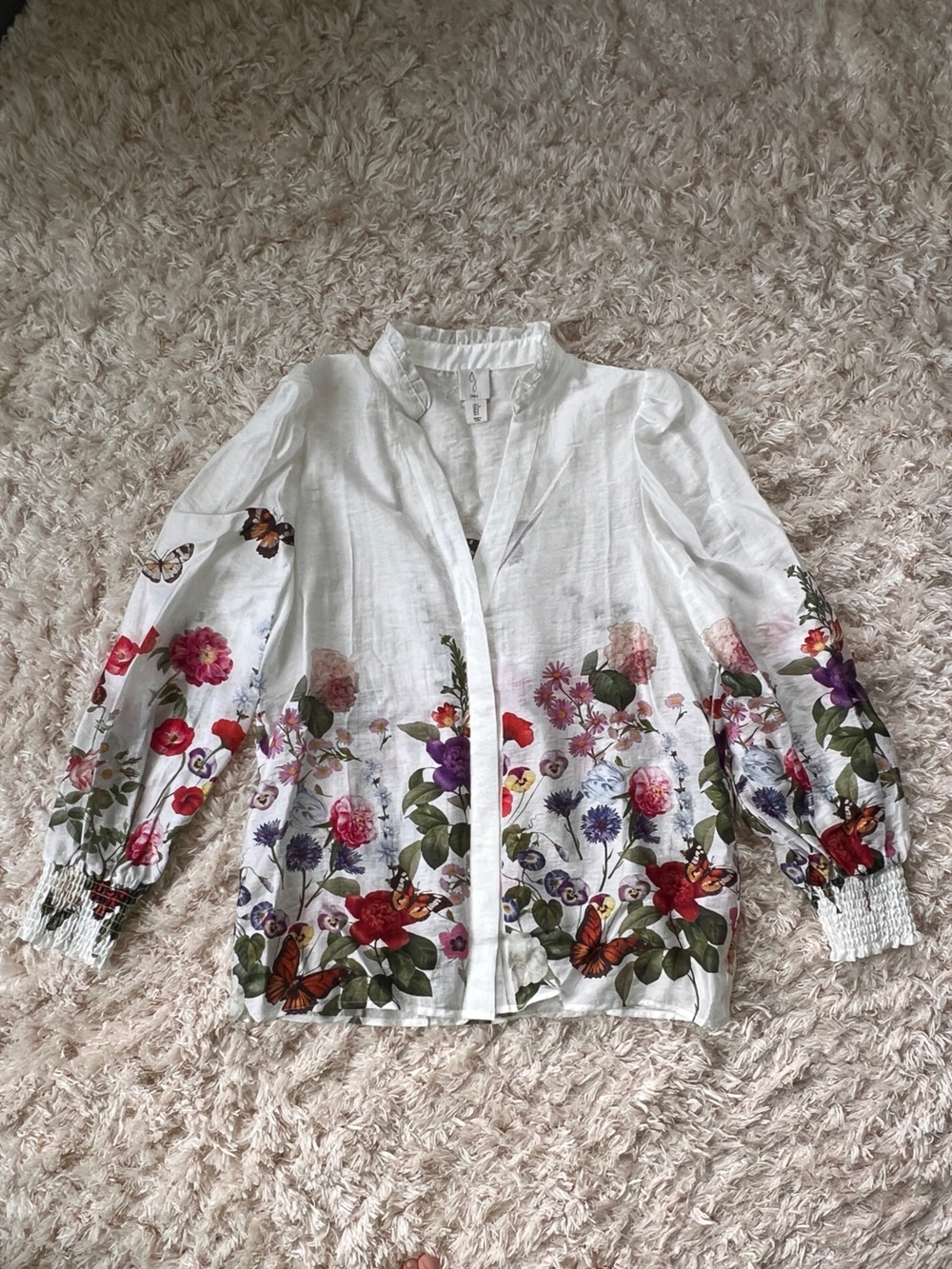 Joie White Floral Button-Front Top with Red & Pink Blooms